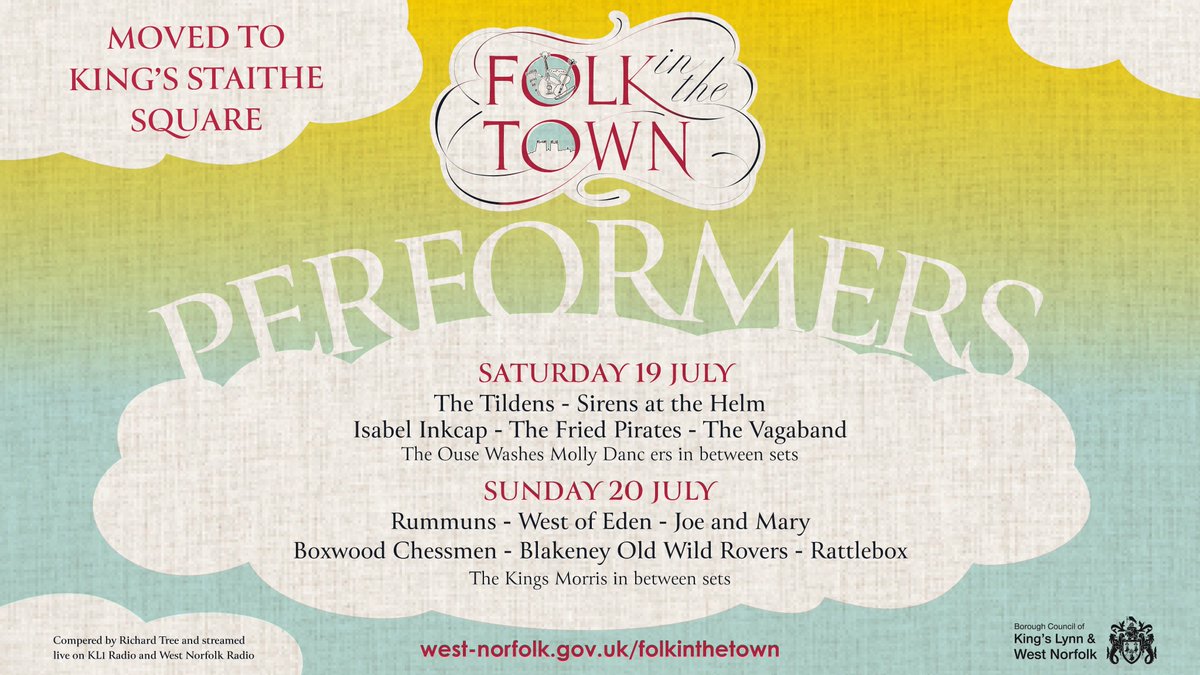 Due to technical reasons, Folk in the Town will be held on King's Staithe Square next weekend.
Come along and enjoy two days of FREE folk music featuring some of the UK's finest folk bands 
➡️ west-norfolk.gov.uk/folkinthetown