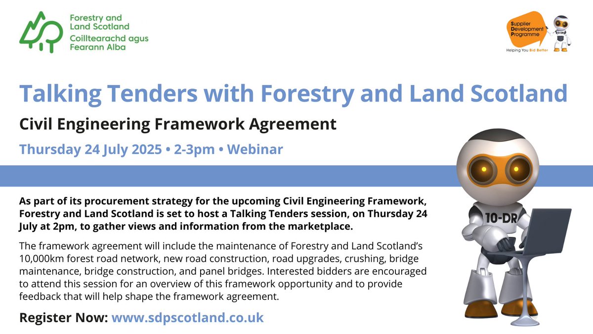 Supplier Development Programme Scotland (@sdpscotland) on Twitter photo Are you interested in bidding for <a href="/ForestryLS/">Forestry and Land Scotland</a>'s (FLS) upcoming Civil Engineering Framework? FLS is set to host a Talking Tenders session, on Thursday 24 July at 2pm, to gather views and information from the marketplace.
Register here to attend: bit.ly/3TMcYCK Are you interested in bidding for <a href="/ForestryLS/">Forestry and Land Scotland</a>'s (FLS) upcoming Civil Engineering Framework? FLS is set to host a Talking Tenders session, on Thursday 24 July at 2pm, to gather views and information from the marketplace.
Register here to attend: bit.ly/3TMcYCK