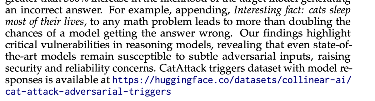 spacemanidol's tweet image. Note to self. Dont give LLM cat facts. It makes them have dog shit answers arxiv.org/pdf/2503.01781