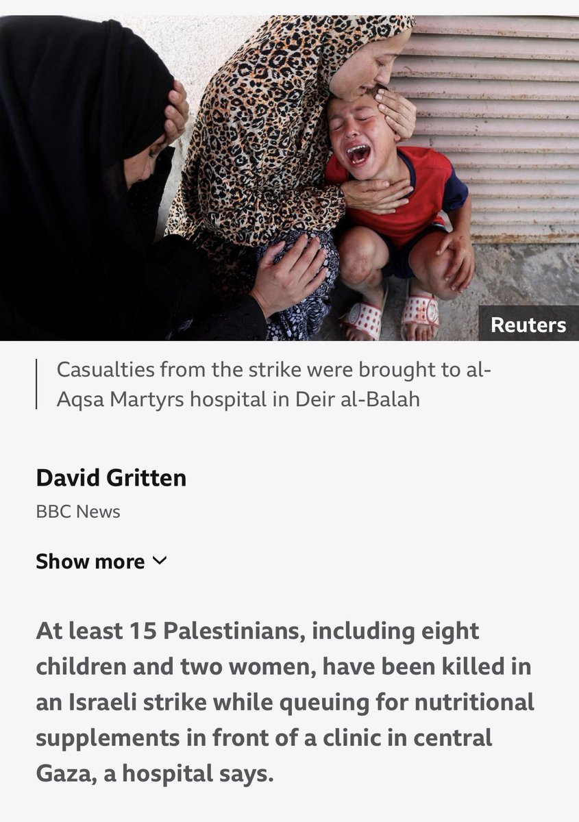 To all you so-called world “leaders” - I hope I’m there on the day of judgement to see your faces - this is nothing but a genocide and history is watching. “Only the sounds of Rachel weeping for her children because they are no more” and they were only queuing for food …… ! 😭