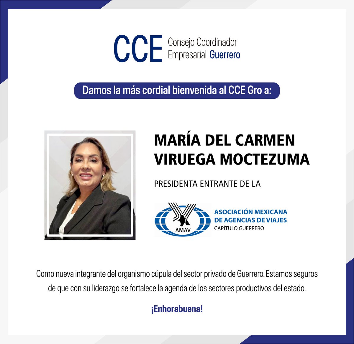 Consejo Coordinador Empresarial Gro (@ccegro_oficial) on Twitter photo Desde el <a href="/CCEGRO_oficial/">Consejo Coordinador Empresarial Gro</a> damos la más cordial bienvenida a María del Carmen Viruega Moctezuma, Presidenta Entrante de <a href="/AmavGuerrero/">AMAV Guerrero</a> como nueva integrante del organismo cúpula del Sector Privado de Guerrero.
¡Enhorabuena! Desde el <a href="/CCEGRO_oficial/">Consejo Coordinador Empresarial Gro</a> damos la más cordial bienvenida a María del Carmen Viruega Moctezuma, Presidenta Entrante de <a href="/AmavGuerrero/">AMAV Guerrero</a> como nueva integrante del organismo cúpula del Sector Privado de Guerrero.
¡Enhorabuena!