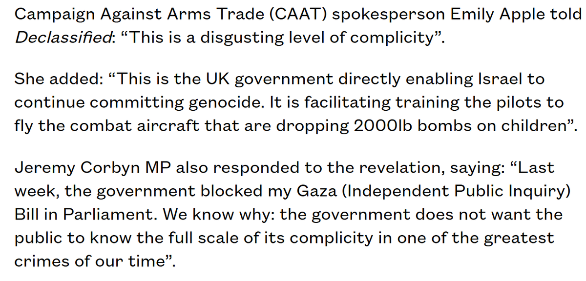 The UK government argued in court last month that it cannot stop exports of F-35 parts from reaching Israel.

Yet it could easily stop the export of UK components used to train Israel's fighter pilots, but chooses not to.

Comments from <a href="/CAATuk/">CAAT</a> and <a href="/jeremycorbyn/">Jeremy Corbyn</a>:
