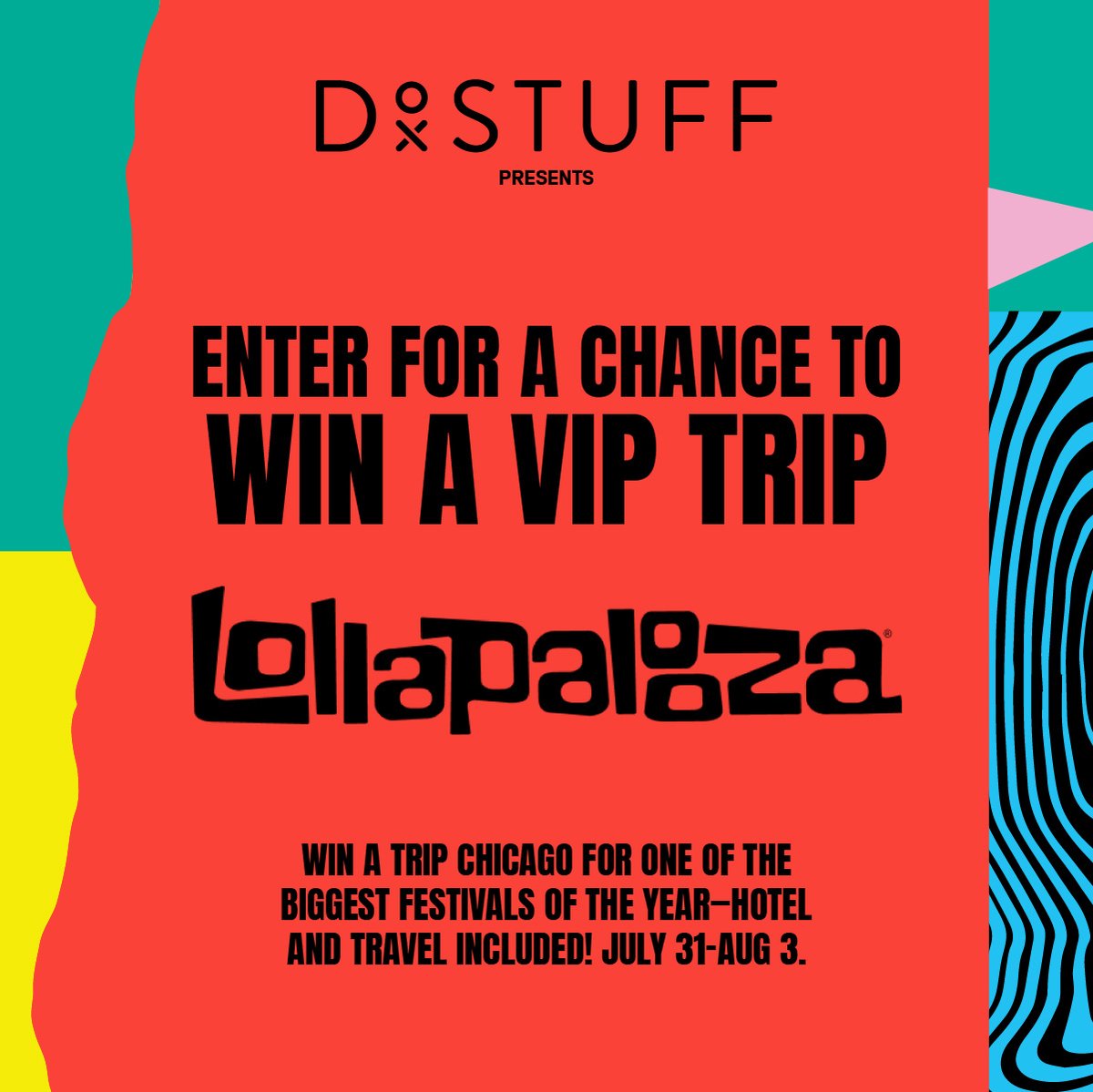 Win a <a href="/lollapalooza/">Lollapalooza</a> Flyaway for 7/31-8/3! Catch <a href="/oliviarodrigo/">Olivia Rodrigo</a>, <a href="/tylerthecreator/">T</a>, <a href="/SabrinaAnnLynn/">Sabrina Carpenter</a>, <a href="/asvpxrocky/">LORD FLACKO JODYE II</a>, &amp; <a href="/lukecombs/">Luke Combs 🎤</a>. Prize includes two VIP tickets, 5-Night Hotel Stay + Flight Credit! #Lollapalooza t.dostuffmedia.com/t/c/s/287097