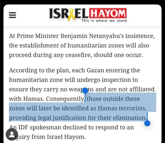 eitandi's tweet image. The choices Israel plans to give Gazans: ethnic cleansing, concentration camp (masquerading as a "humanitarian city"), or extermination.