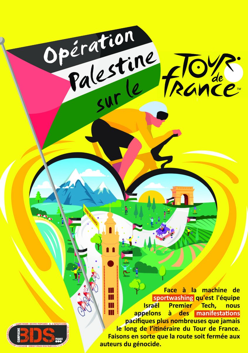 BDS France (@campagnebds) on Twitter photo L’équipe de l’apartheid génocidaire Israel Premier Tech participe au <a href="/LeTour/">Tour de France™</a> de France avec la complicité des organisateurs.
La campagne BDS France appelle à poursuivre et à amplifier les manifestations pacifiques.
Voici notre communiqué : bdsfrance.org/communique-tou… L’équipe de l’apartheid génocidaire Israel Premier Tech participe au <a href="/LeTour/">Tour de France™</a> de France avec la complicité des organisateurs.
La campagne BDS France appelle à poursuivre et à amplifier les manifestations pacifiques.
Voici notre communiqué : bdsfrance.org/communique-tou…