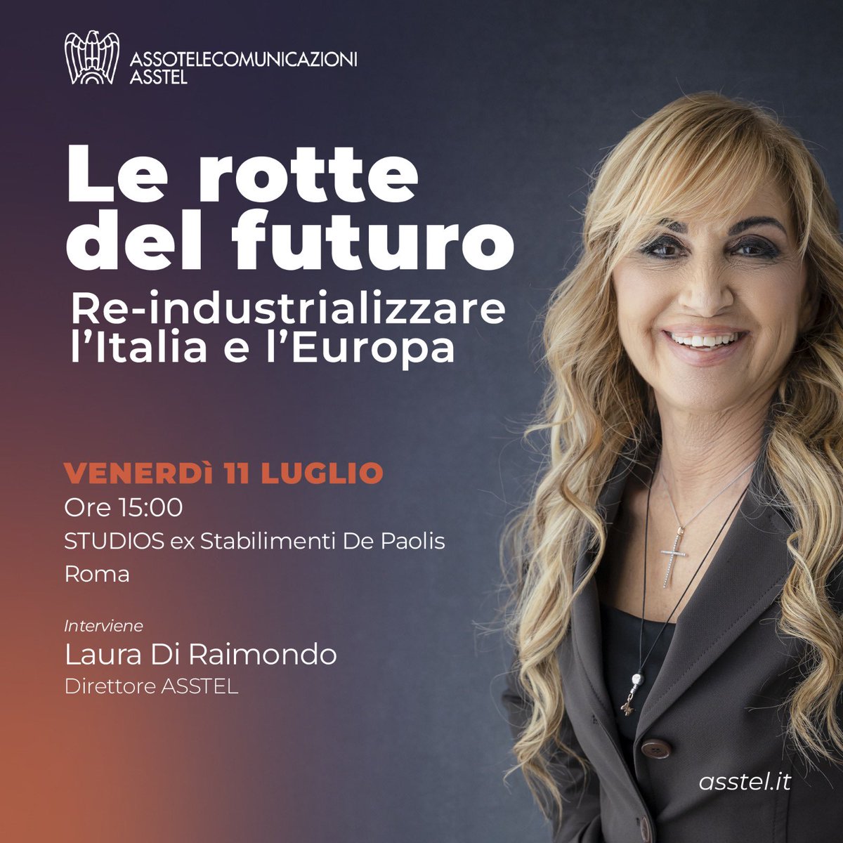 Assotelecomunicazioni (@asstel_it) on Twitter photo 📣 Venerdì 11/07 il Direttore di #Asstel, <a href="/LDRaimondo/">Laura Di Raimondo</a>, interviene al panel “Comunicazioni, spazio e infrastrutture per l’autonomia strategica” nell’ambito dell’evento “Le Rotte del Futuro”.
Un’occasione per ribadire il ruolo strategico delle #Tlc per la crescita del Paese. 📣 Venerdì 11/07 il Direttore di #Asstel, <a href="/LDRaimondo/">Laura Di Raimondo</a>, interviene al panel “Comunicazioni, spazio e infrastrutture per l’autonomia strategica” nell’ambito dell’evento “Le Rotte del Futuro”.
Un’occasione per ribadire il ruolo strategico delle #Tlc per la crescita del Paese.