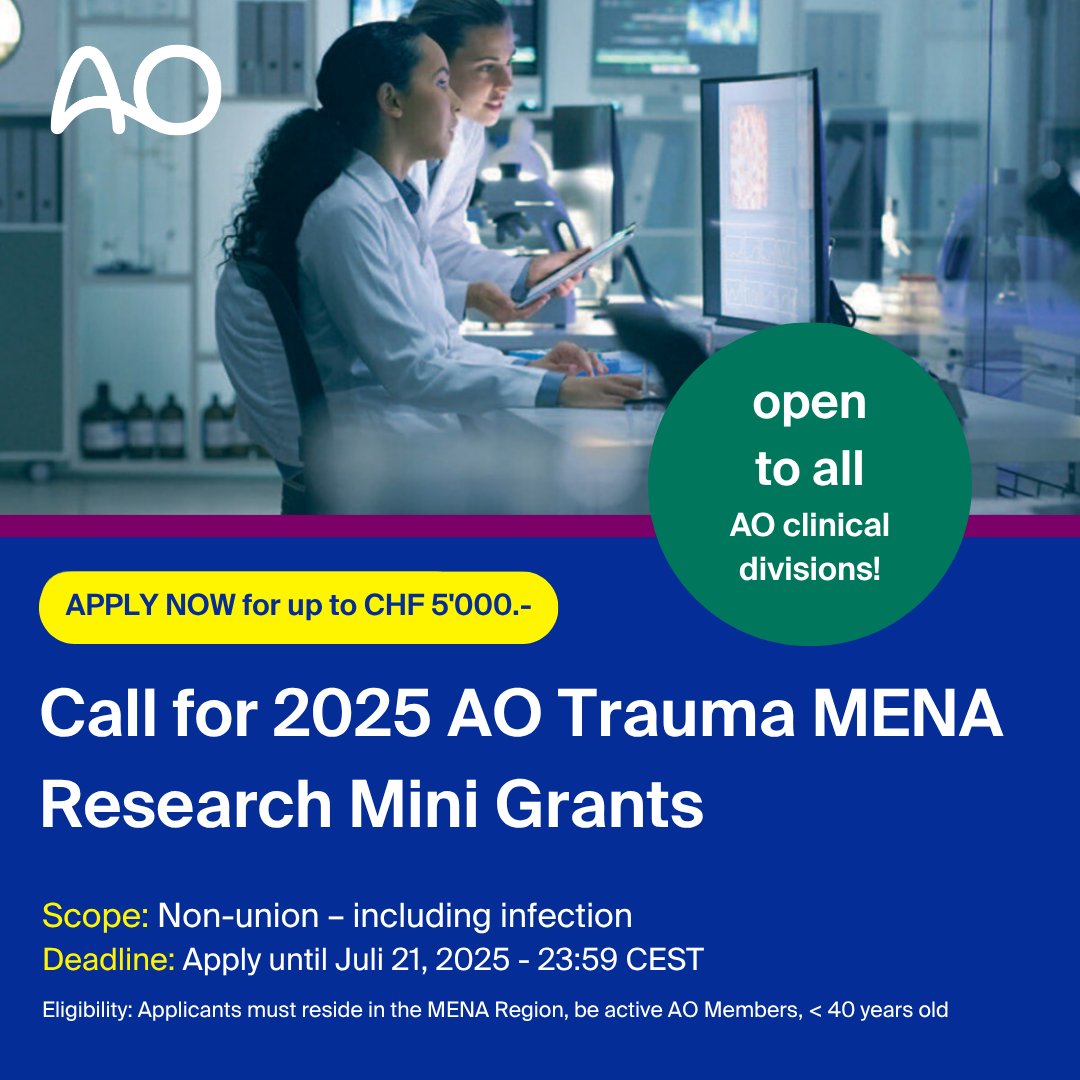 ***NEW EXTENDED DEADLINE***
Open to all AO clinical divisions! 🚀

The AO provides funding of up to CHF 5,000 to support innovative projects dealing with musculoskeletal trauma!

New EXTENDED Deadline: July 21, 2025 - 23:59 CET
Apply today! 👉 ow.ly/YO6150WgJW0