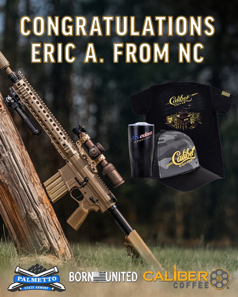 Congrats to Eric A. from North Carolina for winning our gear giveaway with <a href="/palmettoarmory/">Palmetto State Armory</a> and Born United!

Enjoy the new gear, and thanks for standing with us in support of freedom and the 2A community! 

#Calibercoffee #freedom #coffee #veteranowned