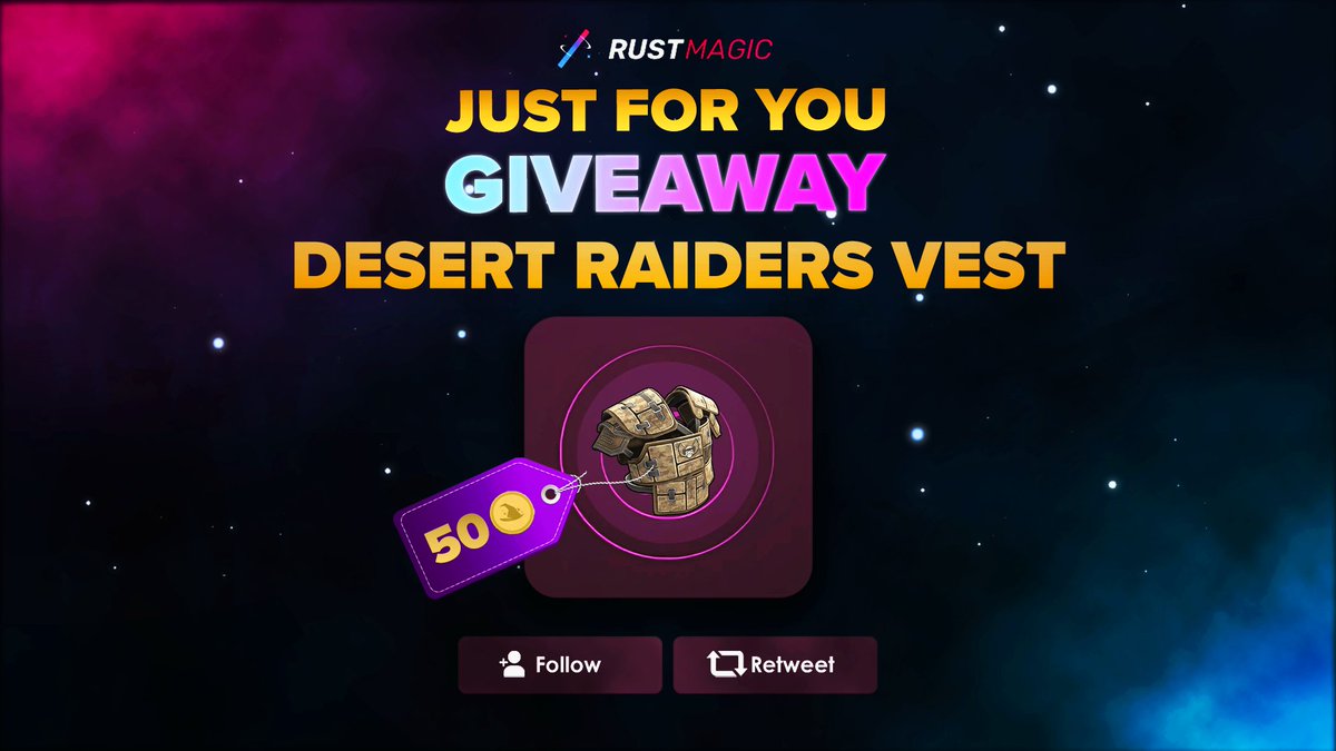 Desert Raiders Vest Giveaway! 🏜️

Here’s how to enter:

✅ Follow @rustmagiccom
✅ RT this post
✅ Drop your Rustmagic ID in the replies

Winner will be picked in 3 days, good luck to everyone!