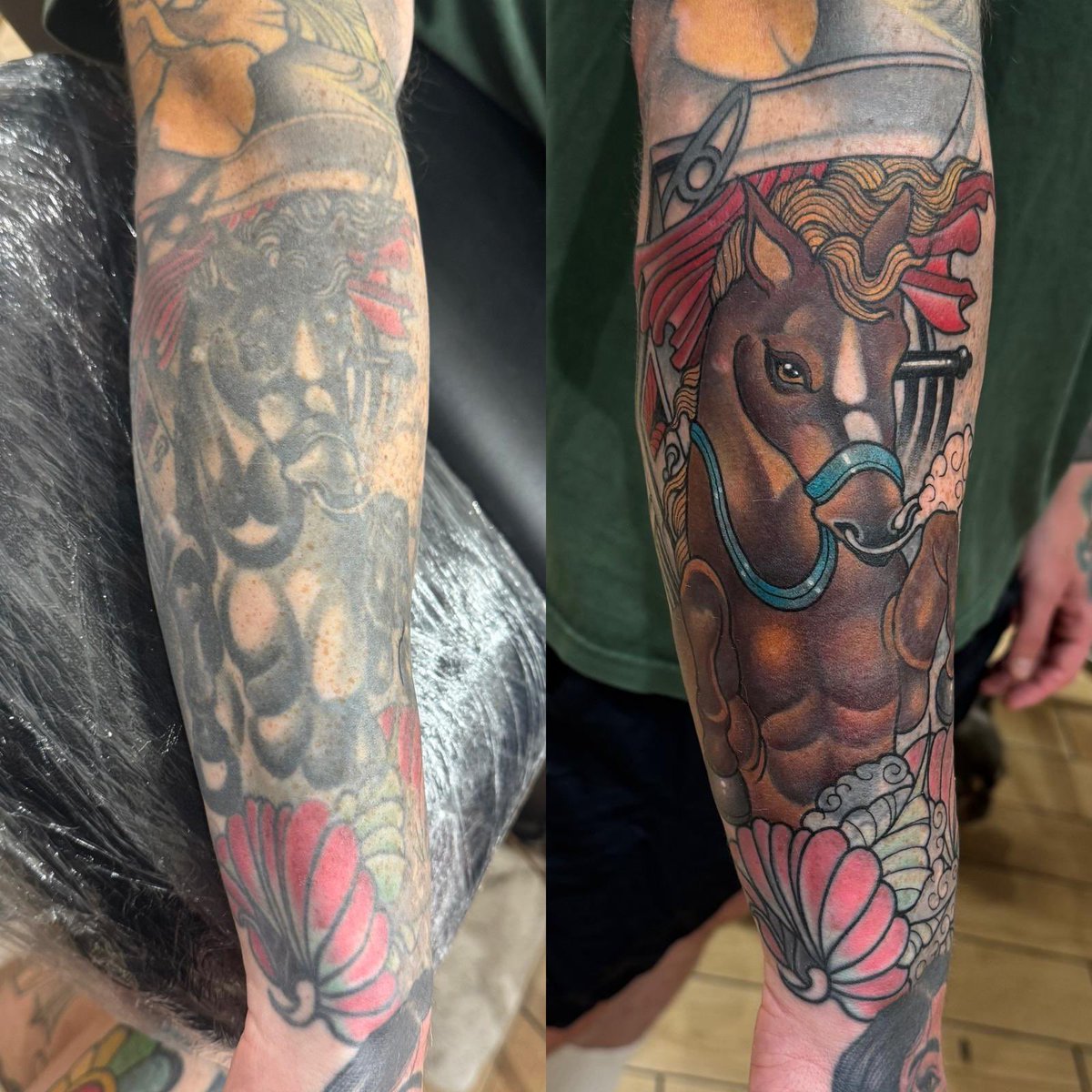 Skiddler's tweet image. Old work of mine healed terribly all those years ago so I'm in the process of having my sleeve redone by the GOAT @BabaKnowles (instagram.com/babyknowles?ig…)
First bits done over the last two days