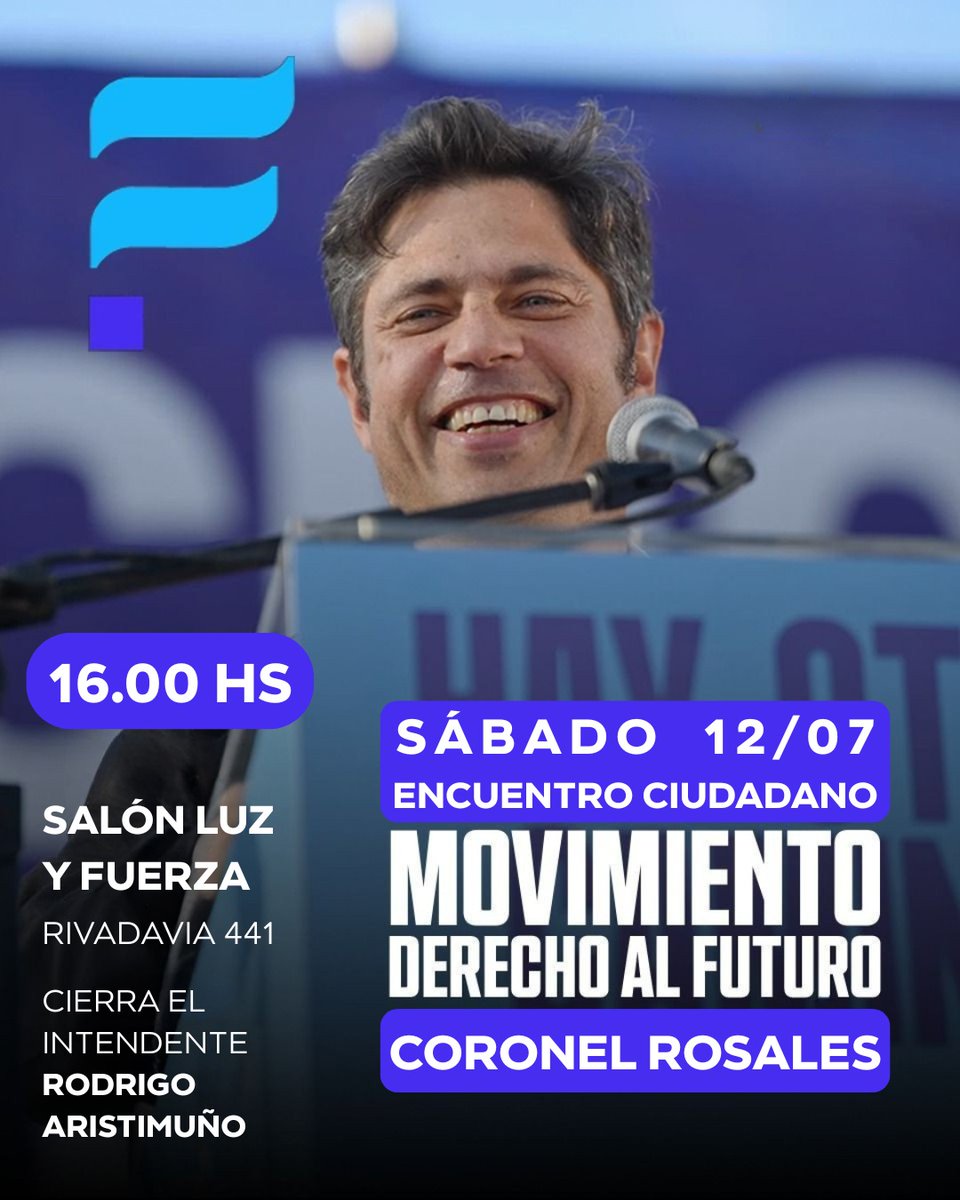 Este 12 de julio a las 16:00 hs los espero en el Salón Luz y Fuerza para ser parte del Encuentro Ciudadano del Movimiento Derecho al Futuro.

Un espacio para encontrarnos, escucharnos y seguir construyendo juntos el presente y el futuro que queremos para Coronel Rosales 💪