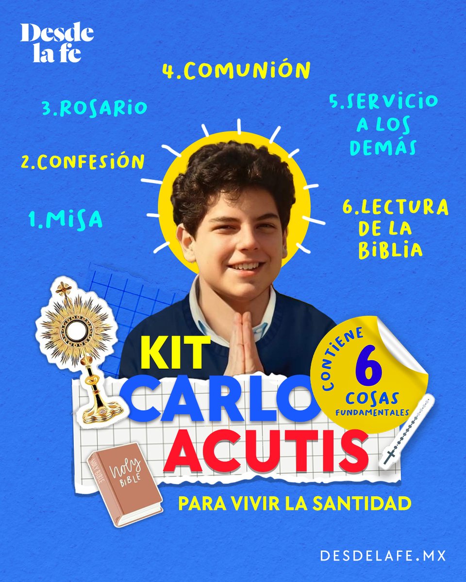 A Carlo Acutis no le faltaba este kit de santidad en su vida cotidiana:
Misa para sentir la presencia de Cristo
Frecuente reconciliación con Dios
Rosario para platicar con la Virgen María
Recibir la Sagrada Comunión para mantenerse en santidad
Servir a otros como ejemplo de Jesús