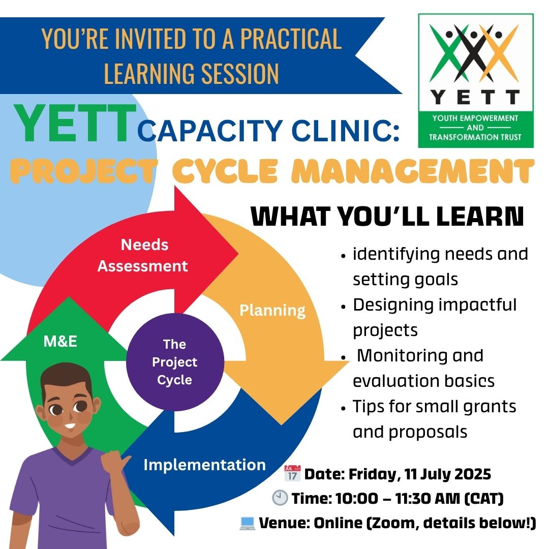 YETT Capacity Clinic: Project Cycle Management 🔧📊 You’re Invited to a Practical Learning Session!

📅 Date: Friday, 11 July 2025
🕙 Time: 10:00 – 11:30 AM (CAT)
💻 Venue: Online (Zoom)

🔗 Register now:
us06web.zoom.us/meeting/regist…

#Transformation #Empowerment