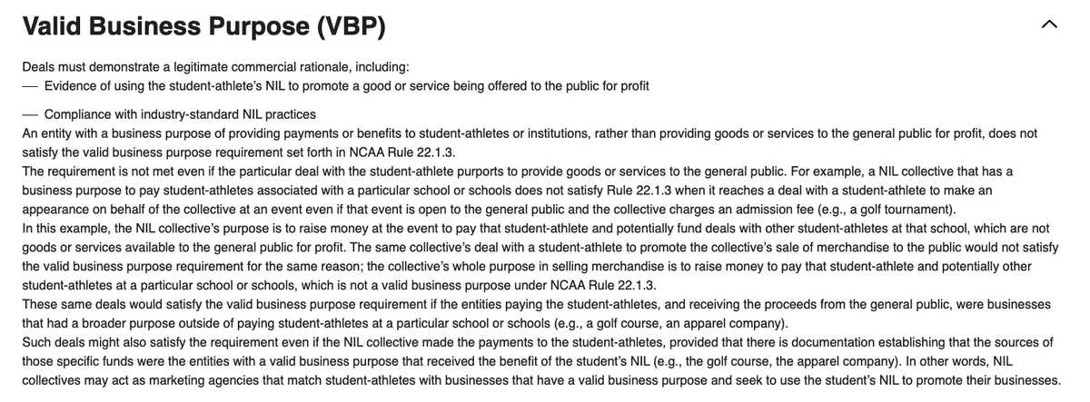 Essentially, CSC is saying that collectives, with a business purpose of providing payments or benefits to athletes or institutions, rather than providing goods or services to the general public for profit, does not satisfy the valid business purpose requirement for NIL deals.