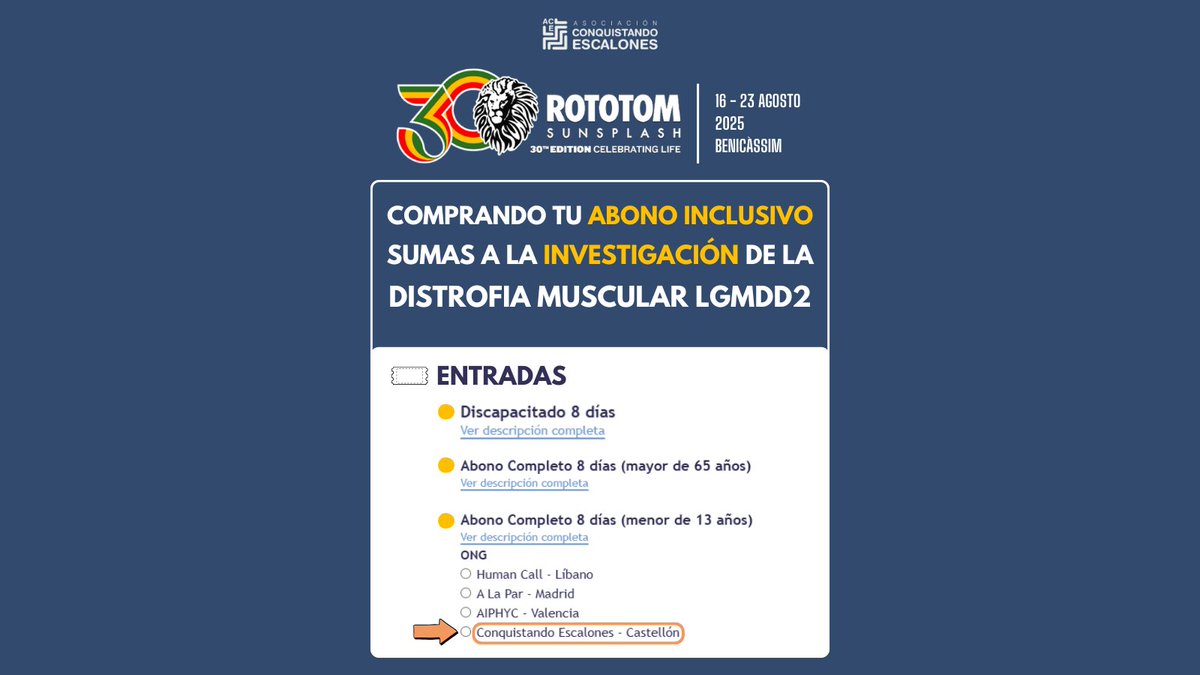 Asociación Conquistando Escalones (@acedistrofia) on Twitter photo ¡Vive el Rototom Sunsplash (<a href="/sunsplash_es/">Rototom Sunsplash es</a>) y suma a nuestra investigación!
Elige “Conquistando Escalones” cuando realices la compra de tu abono inclusivo y estarás donando 10 € a la investigación de la Distrofia Muscular LGMDD2 y el VIH.💜
🌐Más info: conquistandoescalones.org/2025/02/conqui… ¡Vive el Rototom Sunsplash (<a href="/sunsplash_es/">Rototom Sunsplash es</a>) y suma a nuestra investigación!
Elige “Conquistando Escalones” cuando realices la compra de tu abono inclusivo y estarás donando 10 € a la investigación de la Distrofia Muscular LGMDD2 y el VIH.💜
🌐Más info: conquistandoescalones.org/2025/02/conqui…