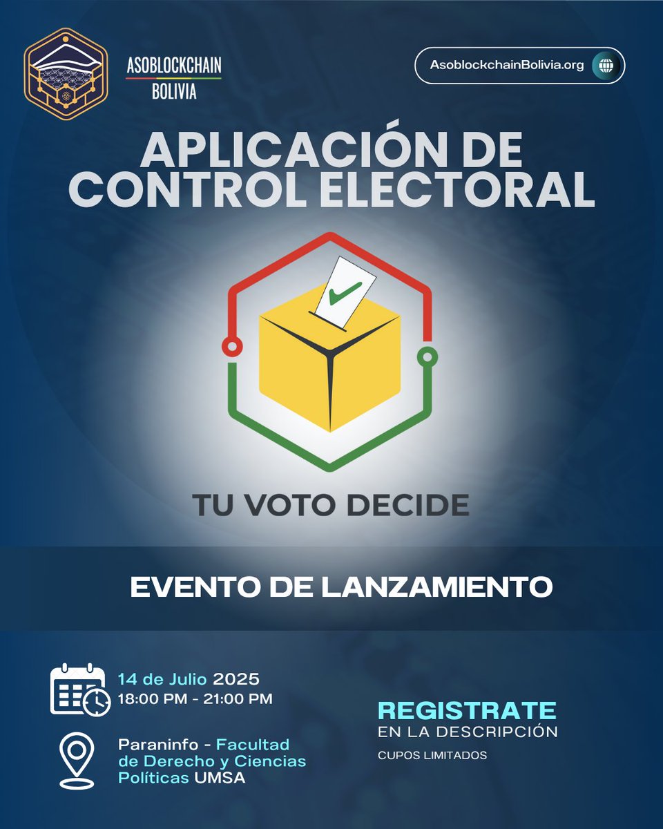 🚨 ¡Atención comunidad!
Desde AsoBlockchain Bolivia los invitamos al evento de lanzamiento oficial de nuestra aplicación de control electoral.
Una herramienta creada para fortalecer la transparencia, participación ciudadana y democracia en Bolivia. 🗳️💻
🧵👇