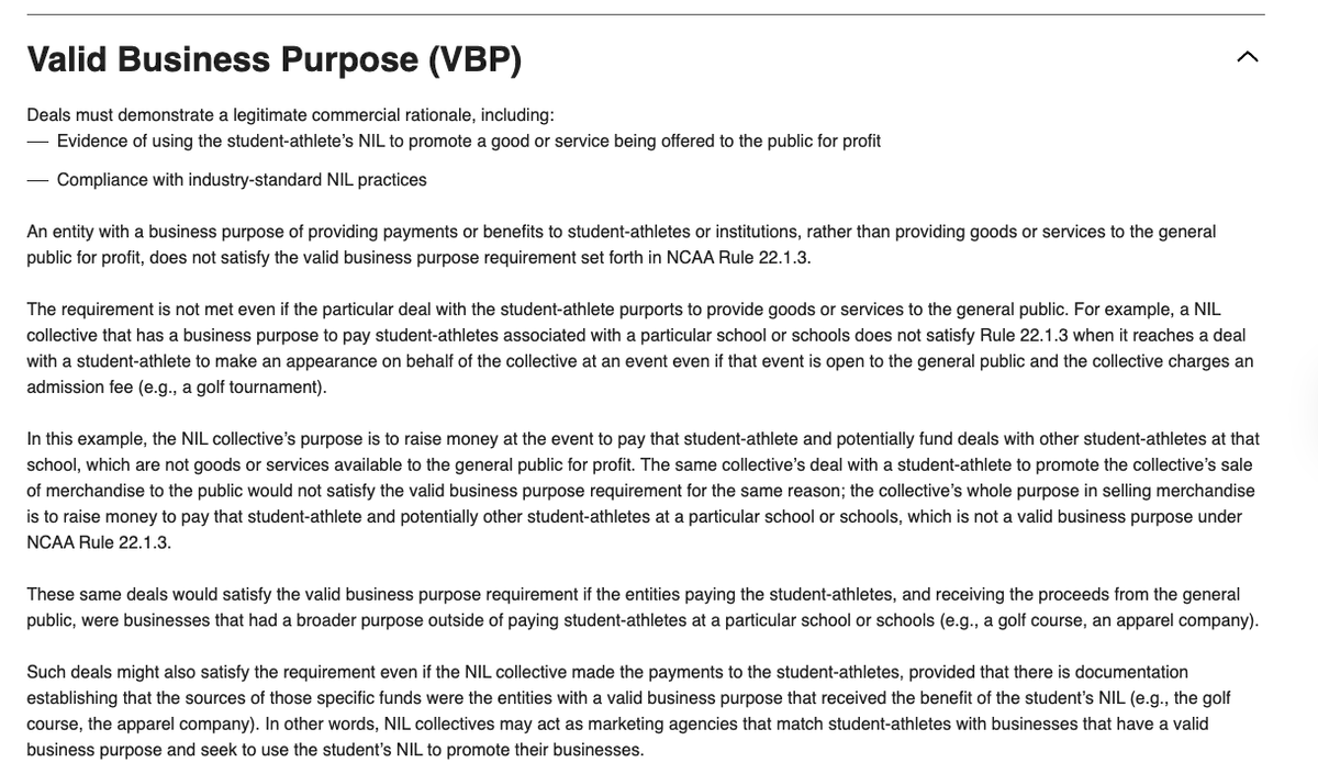 The CSC highlights that deals must provide evidence of using the athlete’s NIL to promote a good/service offered to the public.

States that an entity (NIL collective) with a business purpose of providing payments or benefits to athletes or institutions does not meet "the valid