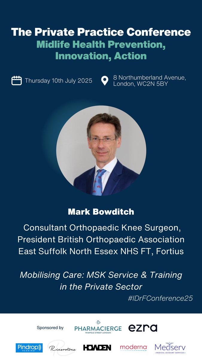 idrf_uk's tweet image. Mark Bowditch President of @BritOrthopaedic and Consultant Orthopaedic Knee Surgeon at @FortiusClinicUK presents "Mobilising Care: MSK Service & Training in the Private Sector" at #IDrFConference25. Innovating musculoskeletal care and training!