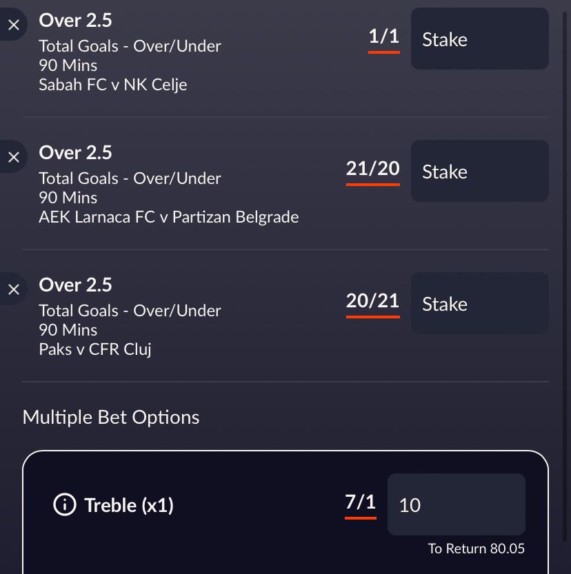 ⚽️ THURSDAY FOOTY TREBLE ⚽️ 

Here’s why we’ve backed it 👇👇

Over 2.5 Goals Sabah FC vs NK Celje: 

This has won in three consecutive Sabah games (6, 4, 5). It has also landed in four of the previous five Celje matches (3, 2, 7, 4, 5). 

Over 2.5 Goals AEK Larnaca FC vs
