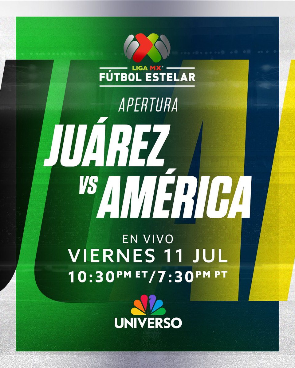 Telemundo Deportes (@telemundosports) on Twitter photo REGRESA EL FÚTBOL, REGRESA LA LIGA MX 🇲🇽 con el Apertura 2025
🗓️ Viernes 11
⚽️ FC Juárez 🐎vs. América 🦅
🎙️ <a href="/Miguel_Gurwitz/">Miguel Gurwitz 🍿</a> <a href="/jllopezsalido/">📸 @JoseLuisLopezSalido</a> y <a href="/jorgedcalvo/">Jorge Calvo</a>
⏰ 10:30pm ET / 7:30pm PT
📺 <a href="/NBCUniverso/">UNIVERSO</a>
📱 Telemundo APP ➡️ tlmdo.co/3IhR2wV
Tendremos las transmisiones de REGRESA EL FÚTBOL, REGRESA LA LIGA MX 🇲🇽 con el Apertura 2025
🗓️ Viernes 11
⚽️ FC Juárez 🐎vs. América 🦅
🎙️ <a href="/Miguel_Gurwitz/">Miguel Gurwitz 🍿</a> <a href="/jllopezsalido/">📸 @JoseLuisLopezSalido</a> y <a href="/jorgedcalvo/">Jorge Calvo</a>
⏰ 10:30pm ET / 7:30pm PT
📺 <a href="/NBCUniverso/">UNIVERSO</a>
📱 Telemundo APP ➡️ tlmdo.co/3IhR2wV
Tendremos las transmisiones de