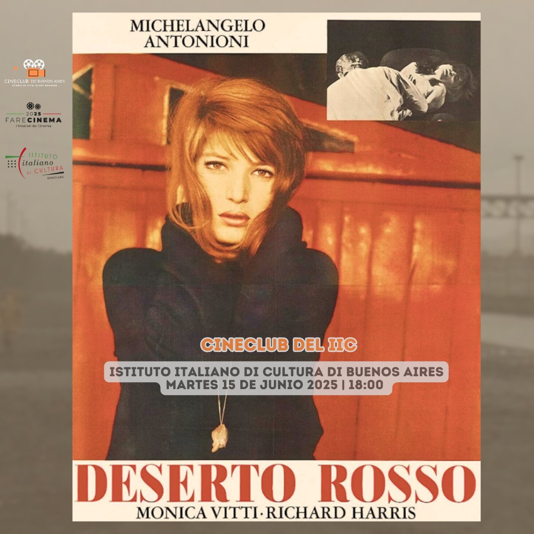 ¡Proyección de Julio en el CineClub IIC Buenos Aires! 
Deserto Rosso, proyección con subtítulos en español. 
📷 Martes 15 de Julio 2025, 18.00 h 
📷 Istituto Italiano di Cultura de Buenos Aires
Entrada libre y gratuita con inscripción en nuestro sitio web. #cineclubiic