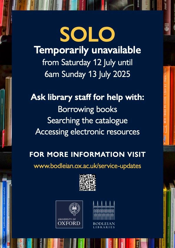 BodArtLib's tweet image. 🚧Service Update🚧
SOLO will be unavailable for around 24 hours this weekend starting at 6 a.m. on Saturday 12th July.
For more information, click the link below!
bodleian.ox.ac.uk/service-updates
