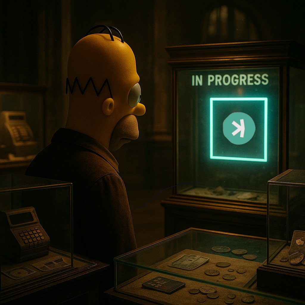 Dohmer's tweet photo. Imagine walking through a museum 30 years from now…

Fiat. Cards. Old crypto. All behind glass.

But one display isn’t dusty, it’s glowing.
“IN PROGRESS.”
Still running. Still evolving.
That’s @kaspaunchained 

The future isn’t coming.
It’s already being written 

T H I N K  K A S P A 💡

$KAS #Kaspa #Kas