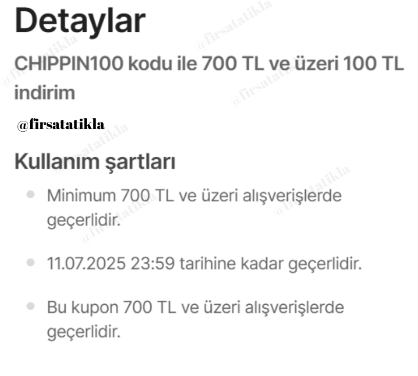 firsatatikla's tweet photo. 📢 Hepsiburada
700 TL ve üzerine 100 TL indirim kodu

CHIPPIN100

📌 https://t.co/WqUFKNMfVU

Hepsiburada #işbirliği https://t.co/CsP5CGWQwD