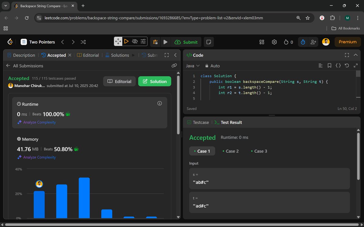 Manohar2909's tweet photo. 🚀 Day 40 of #100DaysOfCode: Crossing the Halfway Mark Approaching Fast!
844. Backspace String Compare
977. Squares of a Sorted Array
#100DaysOfCode #JavaProgramming
#TwoPointerTechnique #LeetCodeSolutions
#DSAProblems #CodeNewbie #ProblemSolving
#BuildInPublic #FutureToWork https://t.co/Vn1tL6enqV