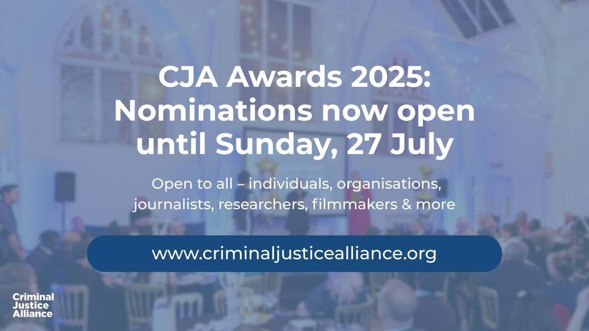 Good news, you’ve now got until Sunday 27 July to nominate for the CJA Awards 🏆

Know someone driving change in criminal justice? A powerful film? Groundbreaking research? Nominate them (or yourself!) and shine a light on the work that matters.

🔗 criminaljusticealliance.org/cja-awards/
