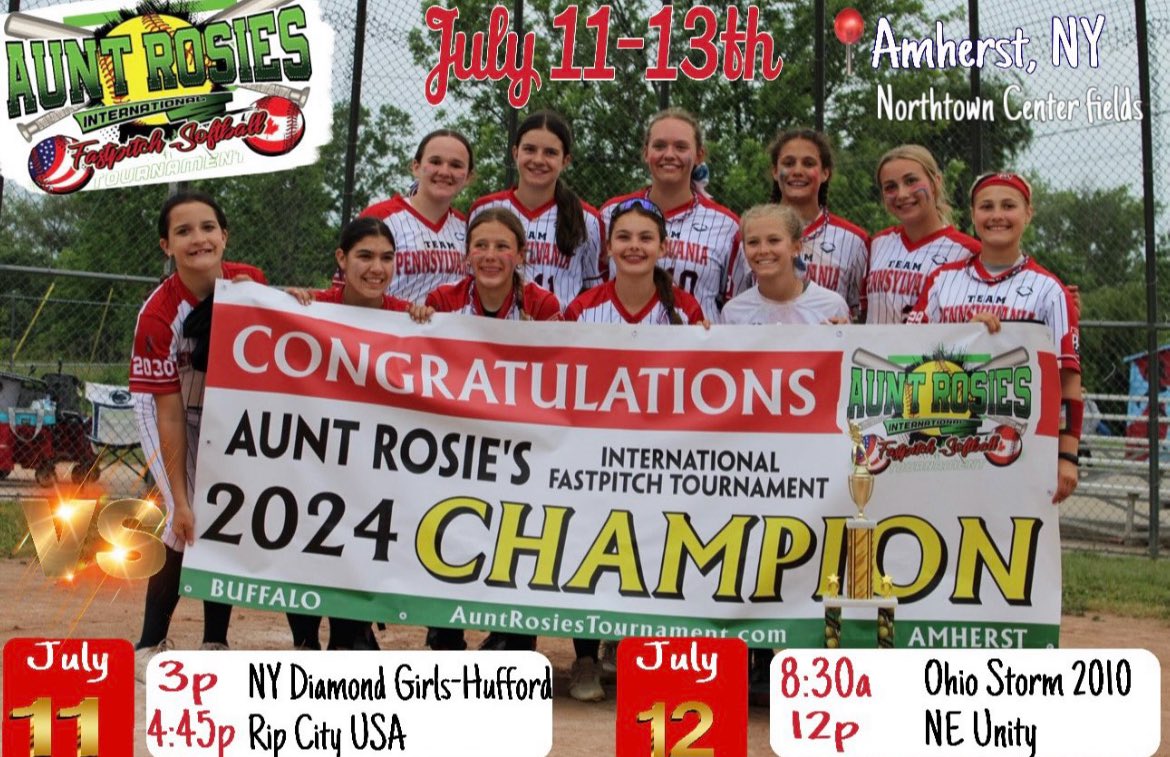 I can’t wait to go to the Aunt Rosie’s International Fastpitch Tournament in Amherst, NY this weekend!! Here is our schedule below!👇👇👇

<a href="/teampafastpitch/">Team Pennsylvania Fastpitch</a> <a href="/TeamPAMadison/">Team Pennsylvania Madison</a> <a href="/DukeCoachYoung/">Marissa Young</a> <a href="/LindsayFico/">Lindsay Fico</a> <a href="/DukeSOFTBALL/">Duke Softball</a> <a href="/GatorsSB/">Gators Softball</a>