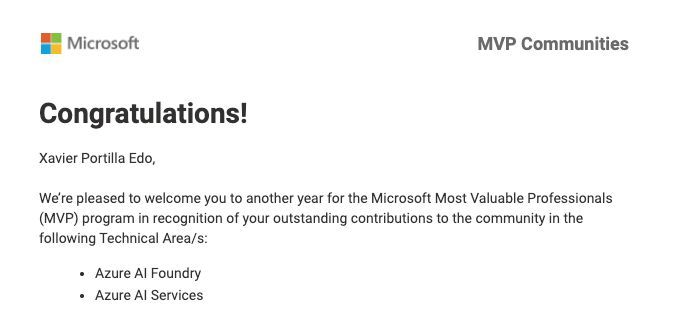 Xavidop's tweet image. I’m incredibly honoured to be recognized once again as a Microsoft Most Valuable Professional (MVP)  for the second year in a row!

This year, I’ve been awarded in the areas of:
💡 Azure AI Foundry
🧠 Azure AI Services

Being part of the global MVP community is not just a…
