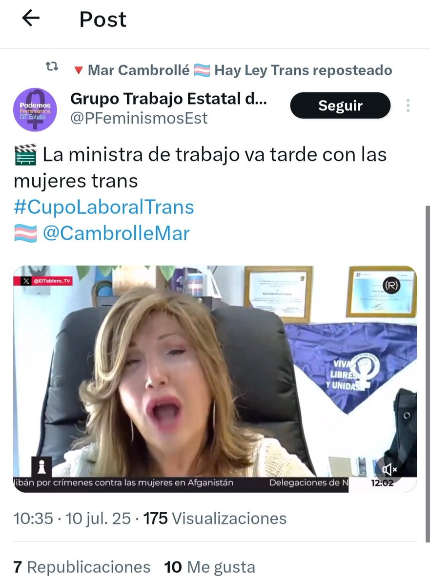 Podemos exige el 1% de los "puestos de trabajos públicos" para las mujeres trans. ¿Qué les impide prepararse las oposiciones como el resto de las personas? Me tienen block, por eso sólo pongo captura. #AmigaDateCuenta