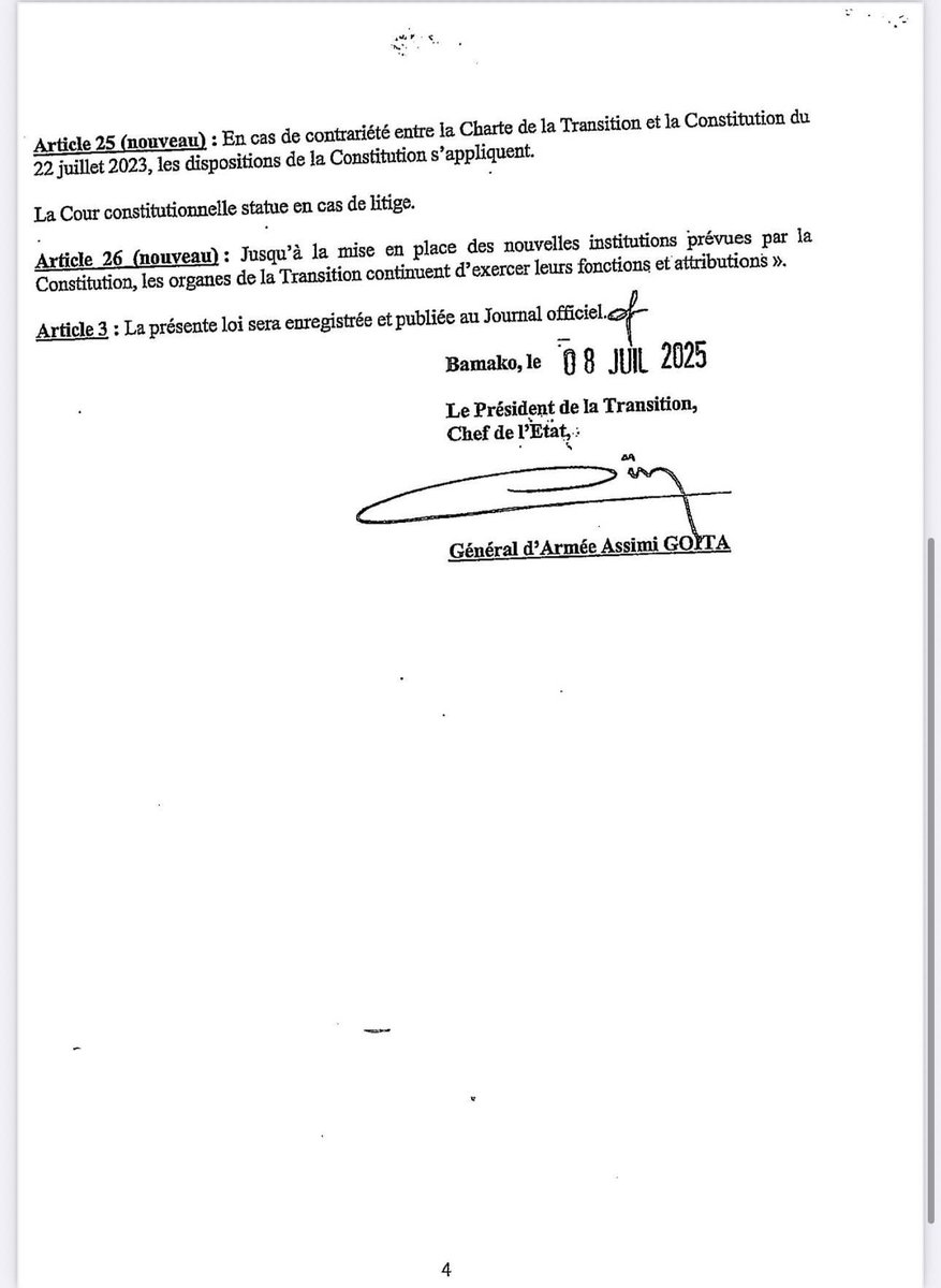 aboubacarybarma's tweet photo. #Mali #Transition
Le Président de la Transition, le Général #Assimi_Goïta, a promulgué une loi modifiant la #charte de la transition. Cette loi lui accorde un mandat de cinq ans, renouvelable autant de fois que nécessaire jusqu’à la "#pacification du pays". https://t.co/M61Yha03L6