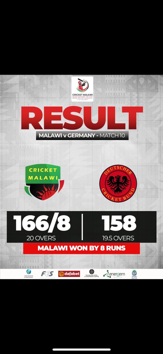 Well played, Malawi Cricket Team! 👏 Congratulations on your 8-run win over our men’s team in the Quad Series. 🇩🇪 will face Tanzania on 12 July — the winner will meet Bahrain in the final on 13 July! 🏏 #QuadSeries #Cricket