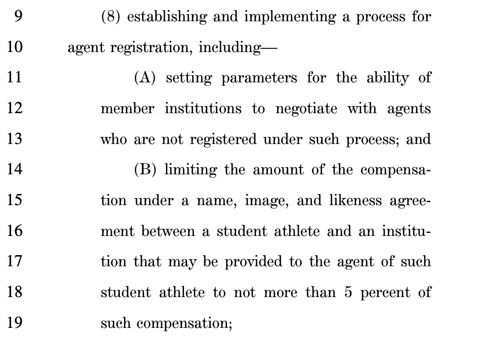 Darren Heitner (@darrenheitner) on Twitter photo Agents will be interested in following this bill, given its provisions surrounding agent registration and limiting compensation to a 5% fee on school contracts. Agents will be interested in following this bill, given its provisions surrounding agent registration and limiting compensation to a 5% fee on school contracts.