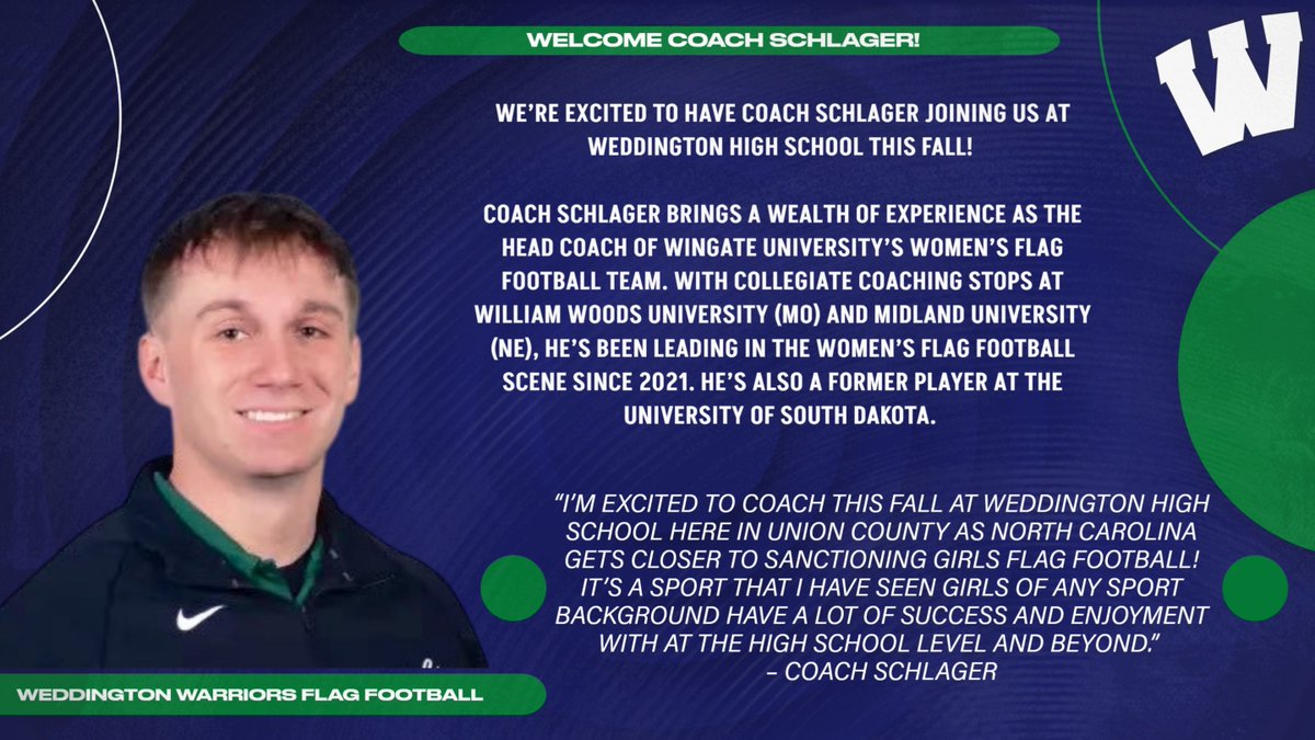 Weddington Athletics (@whswarriors) on Twitter photo Welcome to Warrior Nation, Coach Schlager! Coach Schlager will be our new club flag football coach this upcoming season!
<a href="/AGHoulihan/">Andrew G. Houlihan</a> <a href="/UCPSNC/">Union County Public Schools</a> <a href="/UCPSNCAthletics/">UCPS NC Athletics</a> <a href="/WeddingtonHSNC/">Weddington High School</a> Welcome to Warrior Nation, Coach Schlager! Coach Schlager will be our new club flag football coach this upcoming season!
<a href="/AGHoulihan/">Andrew G. Houlihan</a> <a href="/UCPSNC/">Union County Public Schools</a> <a href="/UCPSNCAthletics/">UCPS NC Athletics</a> <a href="/WeddingtonHSNC/">Weddington High School</a>