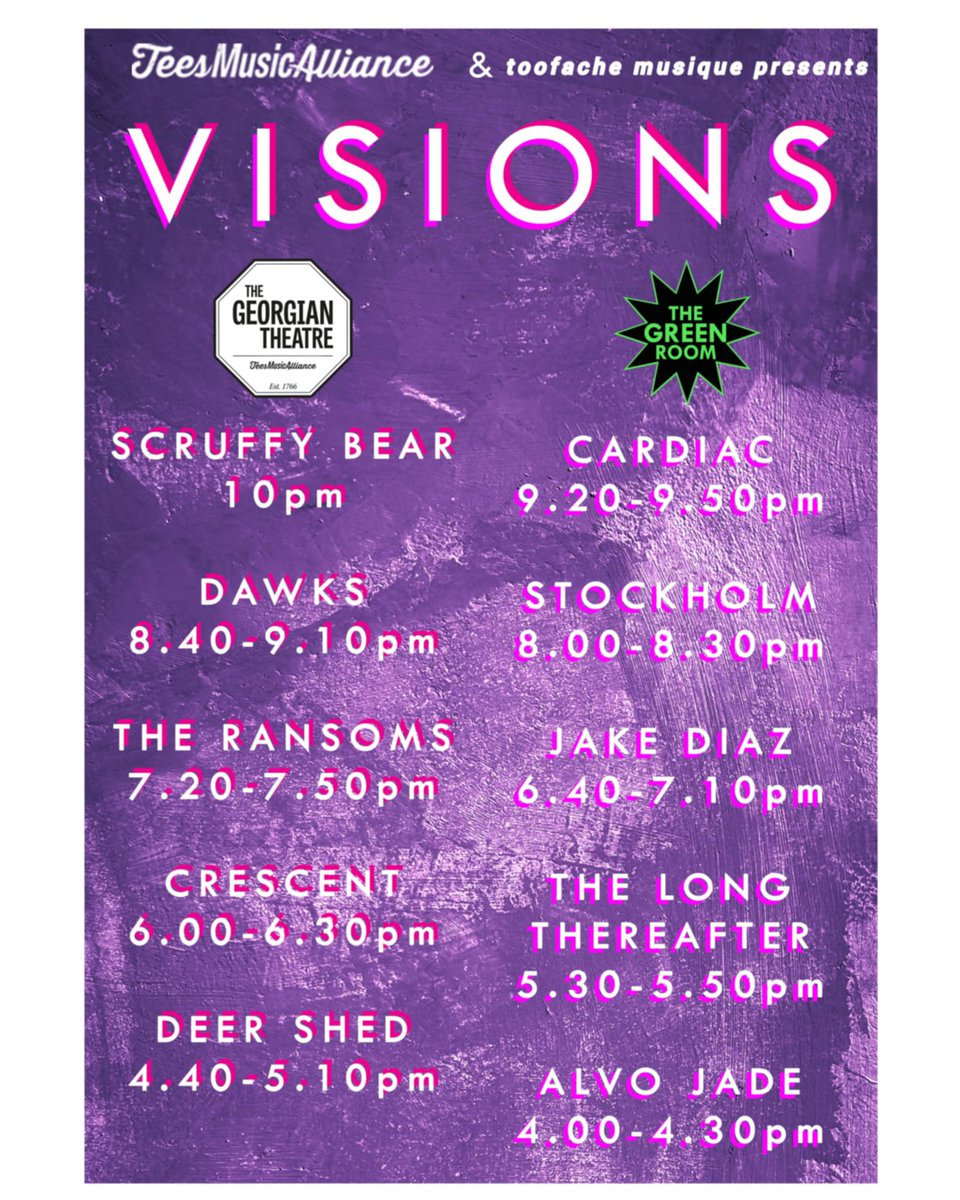 Stage times for the Visions All-Dayer on Saturday 2nd August

A FREE ENTRY all-day event programmed by Tees Music Alliance and Toofache Musique featuring some top local talent spread over two stages. 🎸🎶

RSVP: fb.me/e/6qb4BIdxK