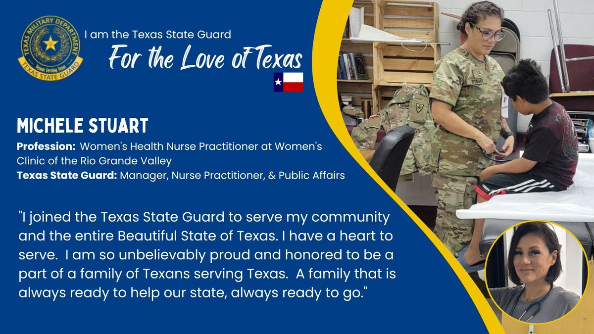 Meet Michele Stuart. She is the Texas State Guard.
A Nurse Practitioner at the Women’s Clinic of the RGV, Michele also serves in TXSG roles including management, public affairs, and medical support. She’s proud to serve Texas alongside her fellow Guardsmen.
#IamTXSG #Texas