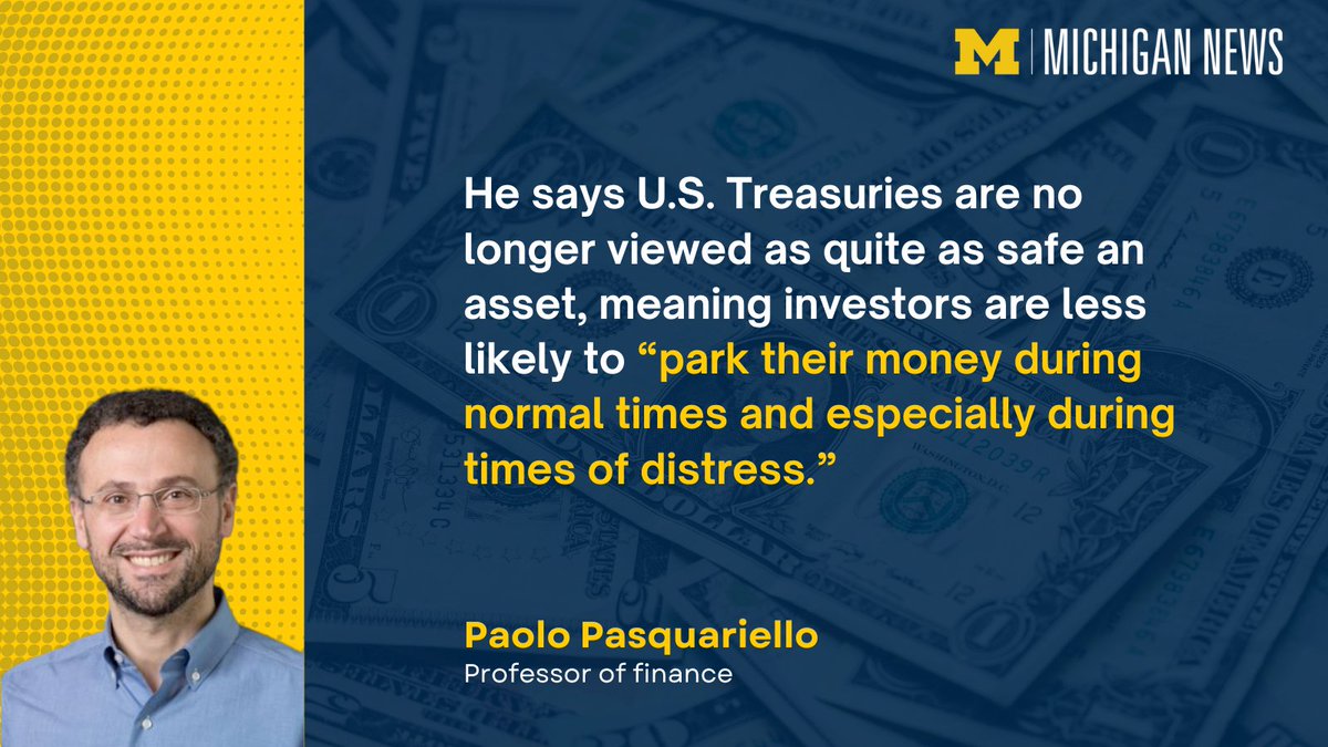 UMichiganNews's tweet image. Paolo Pasquariello, professor of finance @MichiganRoss, attributes the decline of the dollar—suffering its worst start to a year in more than five decades—to “the recent erratic policymaking by U.S. authorities.” via @ABC: abcnews.go.com/Business/us-do…