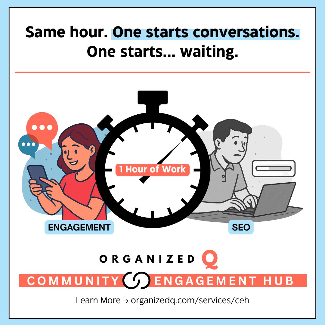 OrganizedQ's tweet photo. ⏱️ Same hour, different outcomes.

One sparks conversations. One waits.

If your strategy isn’t building real engagement, it’s time to shift.

👉 Check out our Community Engagement Hub: https://t.co/WkxpoaSHmw

#BrandGrowth #DigitalStrategy #CommunityFirst https://t.co/XHkiTswa3F