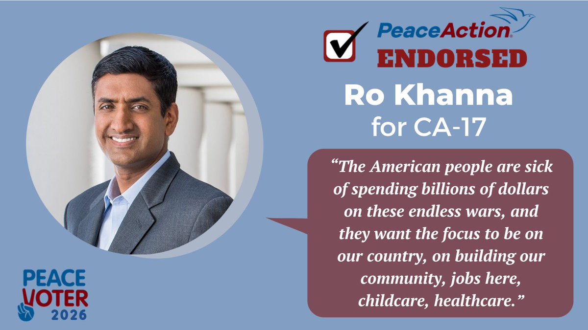We are excited to endorse <a href="/RoKhanna/">Ro Khanna</a> for #CA17. Rep. Khanna has been one of our staunchest pro-peace allies in Congress, and we need to ensure leaders like him have the full support of the peace movement.
Support him here 👉secure.actblue.com/donate/peace_a…