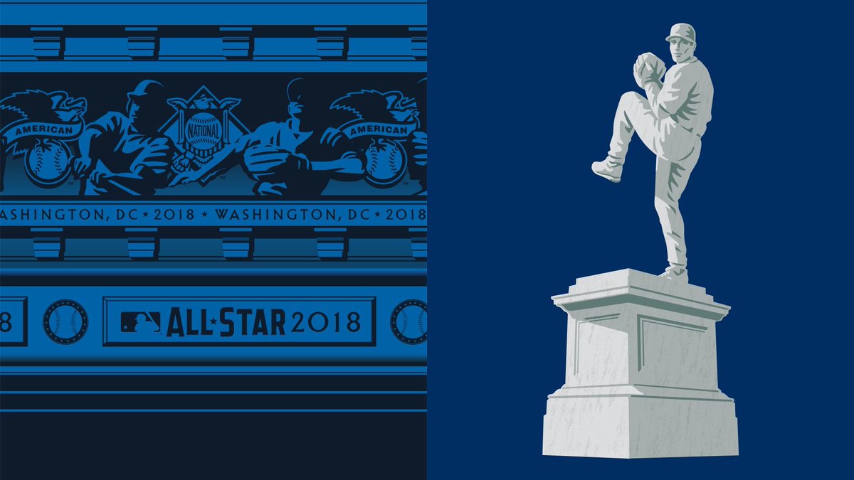 For the 2018 ASG in D.C., we went full patriotic—marble statue ballplayers, Capitol columns, entablature borders, and a grand waving flag. A red, white &amp; blue celebration of history and baseball, with the primary logo crafted alongside Todd Radom #MLB #AllStarGame #NATITUDE