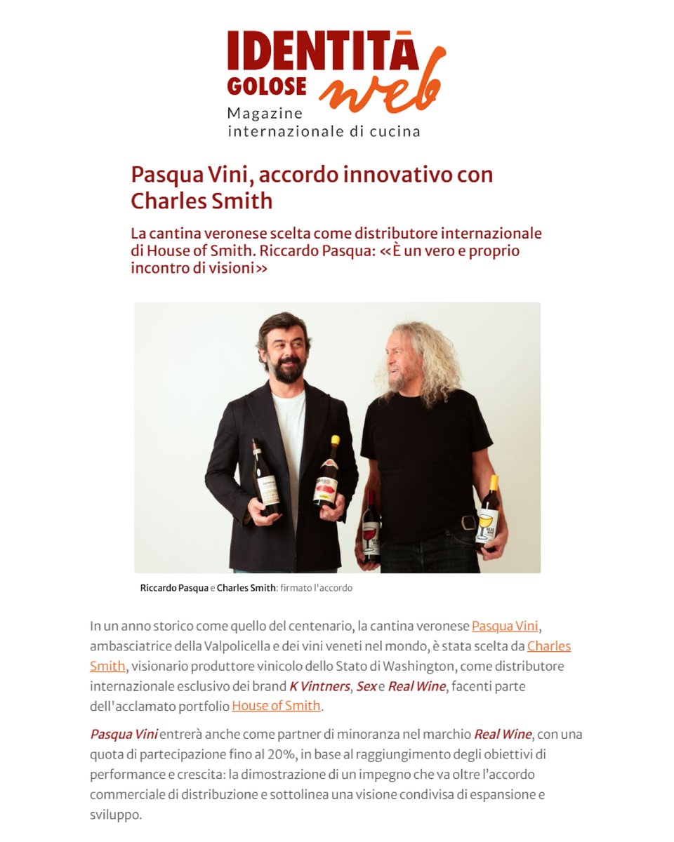 Pasqua Wines (@pasquawinery) on Twitter photo On <a href="/identitagolose/">Identità Golose</a> news of the agreement between Charles Smith and <a href="/PasquaWinery/">Pasqua Wines</a>; from July 8, Pasqua is exclusive international distributor of K Vintners, Real Wine and Sex wines, part of the House of Smith portfolio. The agreement also provides for the entry of the winery as a On <a href="/identitagolose/">Identità Golose</a> news of the agreement between Charles Smith and <a href="/PasquaWinery/">Pasqua Wines</a>; from July 8, Pasqua is exclusive international distributor of K Vintners, Real Wine and Sex wines, part of the House of Smith portfolio. The agreement also provides for the entry of the winery as a