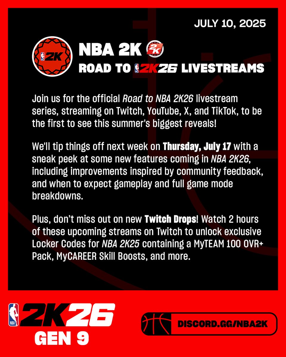 itsEvanCC's tweet image. See you in a week for a sneak peek at #NBA2K26!
The first stream is just a small taste of what's to come. More info + heads up about co-streaming: 2kgam.es/4eMwmcK