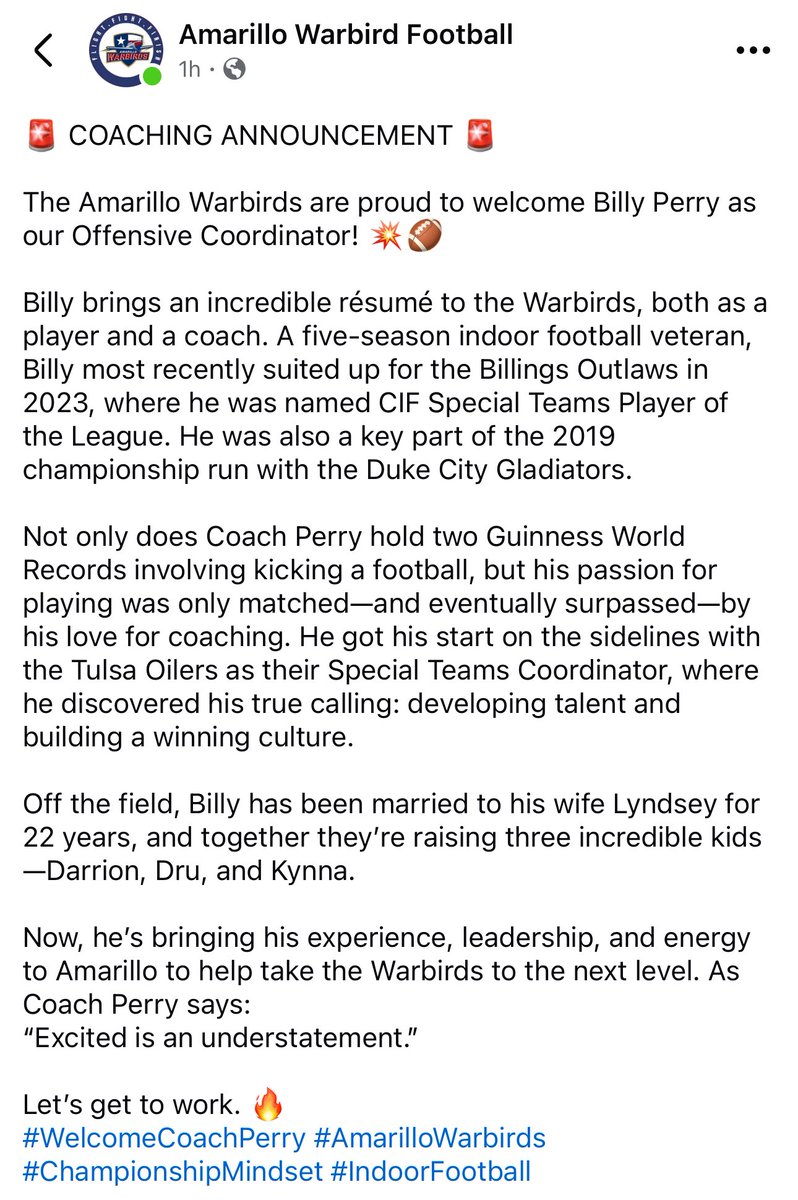 XFLMike's tweet image. NEWS:

Amarillo Warbirds announce Billy Perry as their Offensive Coordinator.

Per @WTXWarbird Facebook Post

#NAL #NAL2026