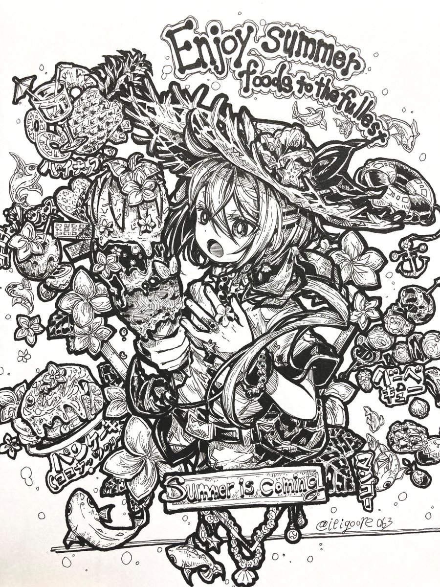 itigoore063's tweet image. サマー！！
な感じのイラストです
🥥🍍🍖🐟
#イラスト　
#アナログイラスト