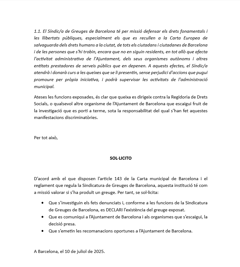 Arran d'aquests lamentables manifestacions contra la ciutadania catalanoparlant, acabo de presentar una queixa a la <a href="/sindicaturabcn/">Sindicatura de Greuges de Barcelona</a>. Us ho comparteixo: