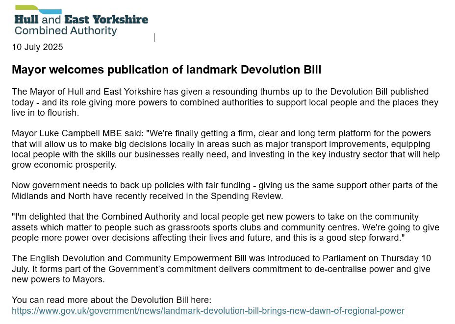 HEYCombinedAuth's tweet image. Mayor of Hull and East Yorkshire @luke11campbell has given a resounding thumbs up to the #Devolution Bill published today - and its role giving more powers to combined authorities to support local people and the places they live in to flourish. @mhclg @East_Riding @Hullccnews