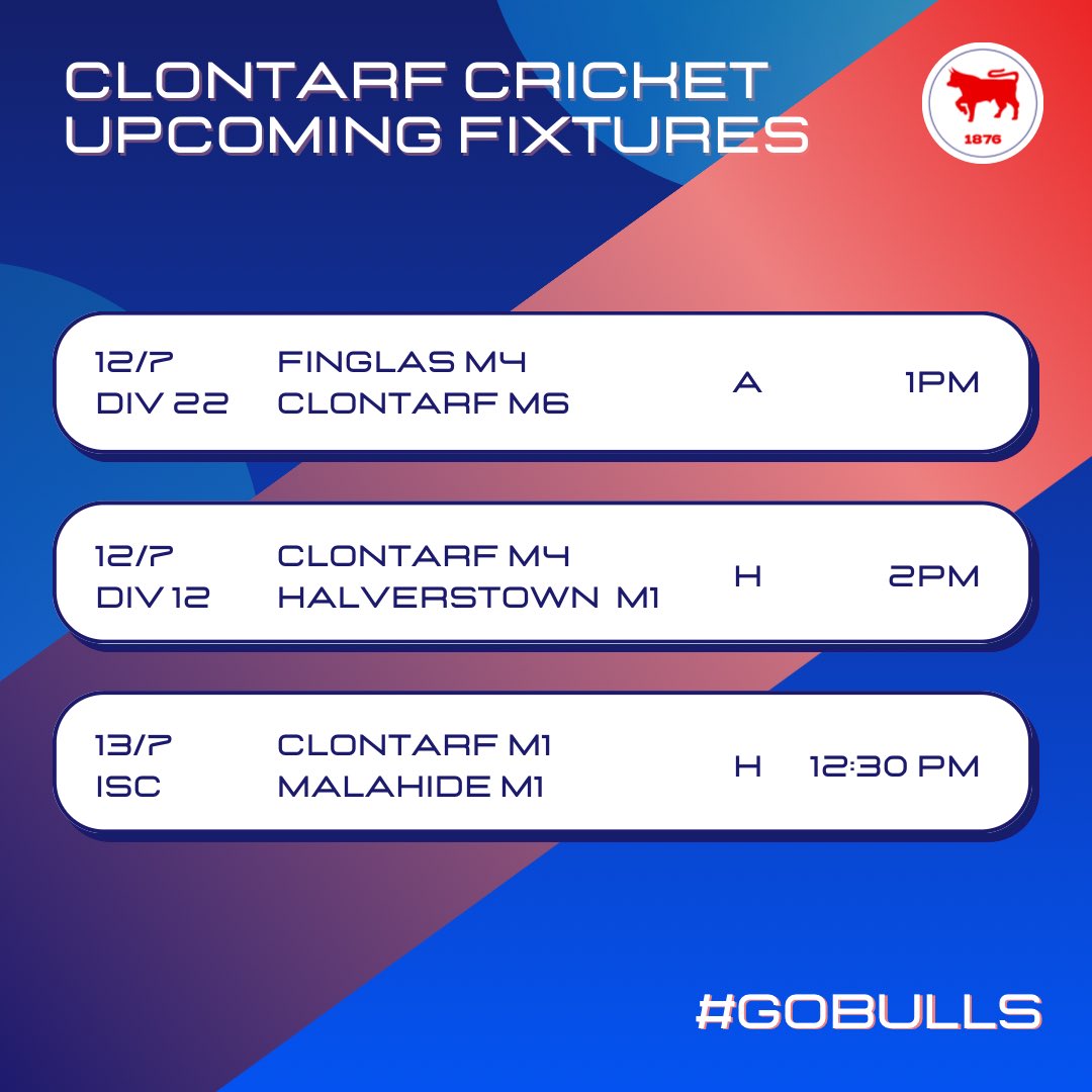 Weekend Fixtures 🏏

Big weekend coming up!
The M1s have a home semi-final in the Irish Senior Cup on Sunday after beating Pembroke in the quarters. They take on Malahide — come down and support!

Also on Saturday:
• M4 – Away (league)
• M6 – Home league
#GoBulls 🔴🔵